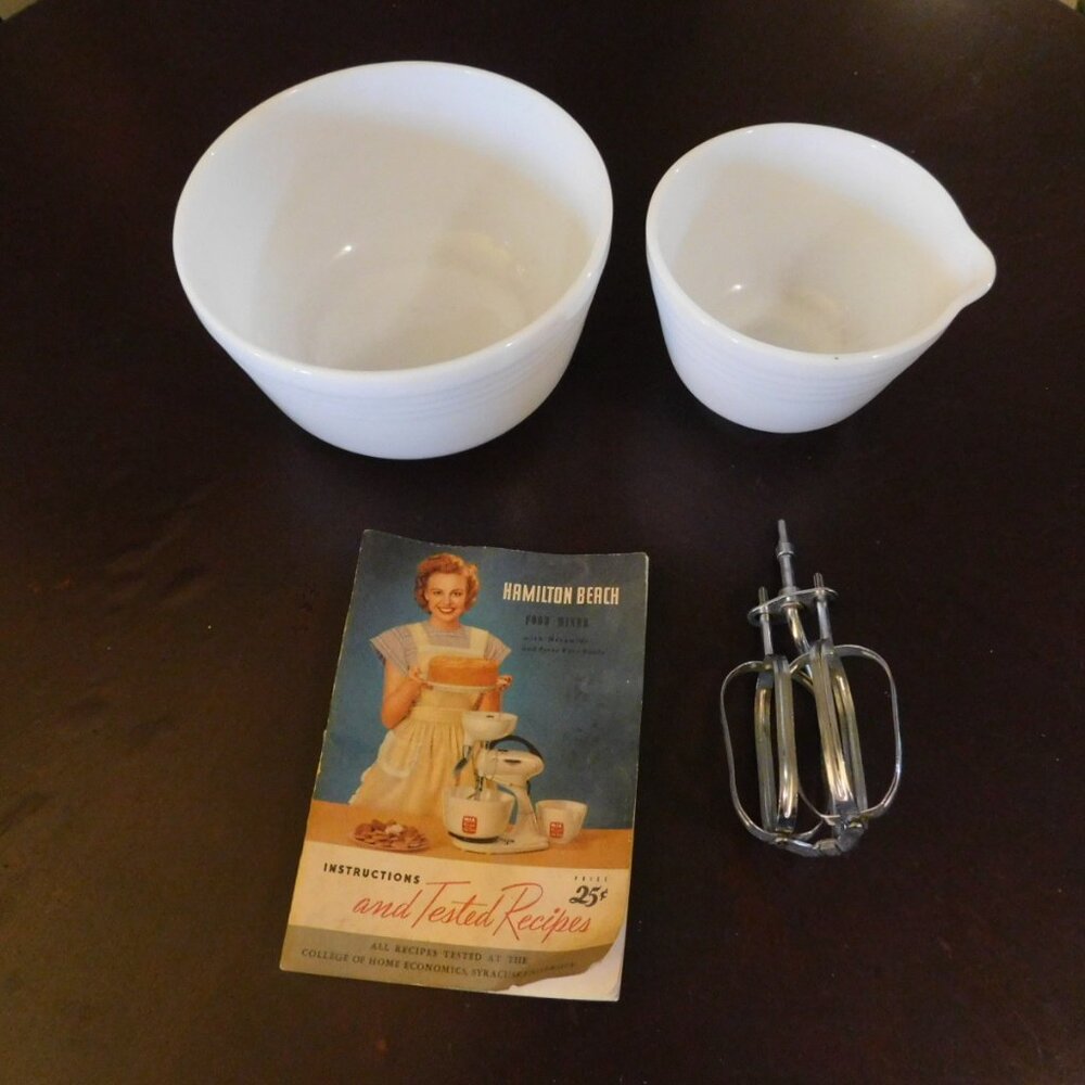 Hamilton Beach Original Milk Glass Bowls with Beaters and Recipe book